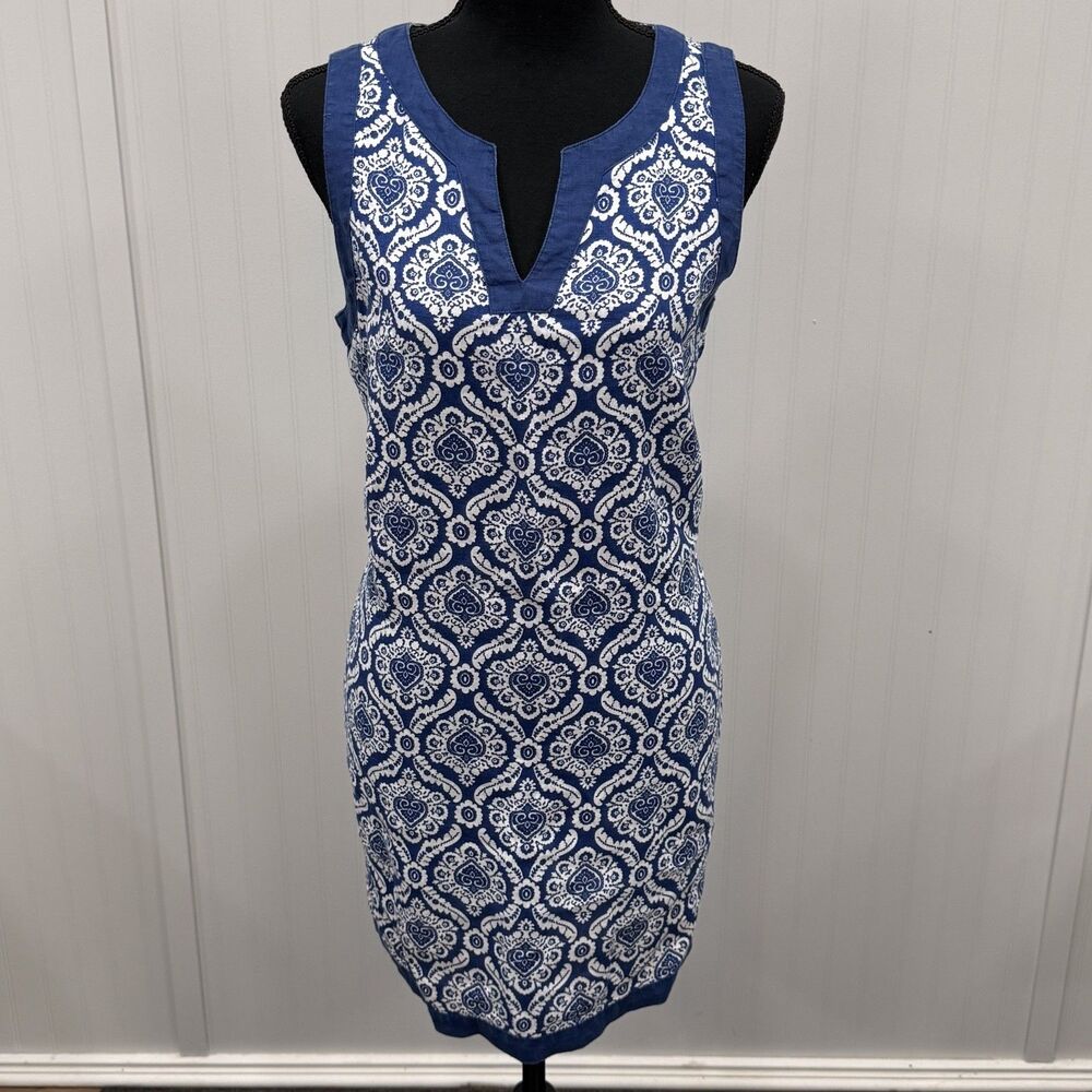 Sigrid Olsen Women’s Small Blue/White 100% Linen Print Sleeveless Tunic Dress
